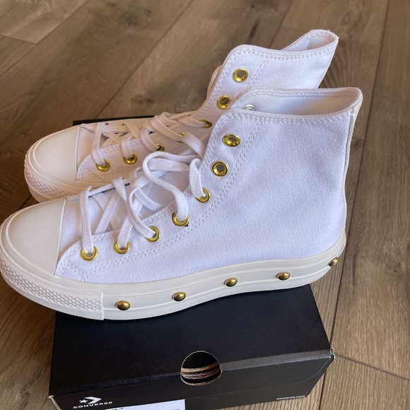 Converse White Hightops with Gold Studs - Picture 2 of 5